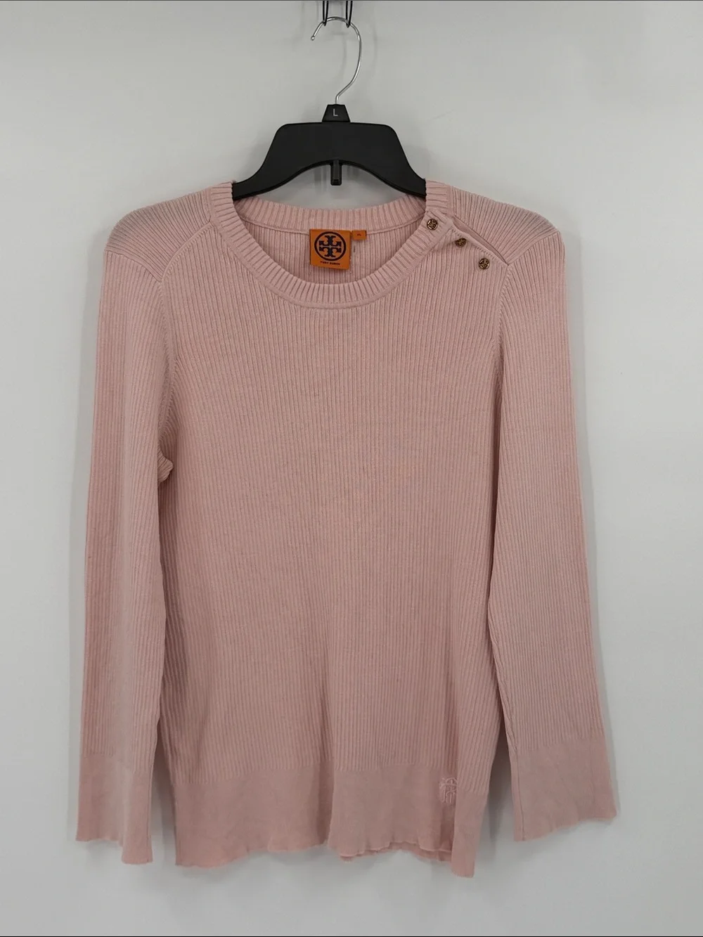Tory Burch Light Pink Ribbed Crewneck Sweater with Shoulder Buttons size XL